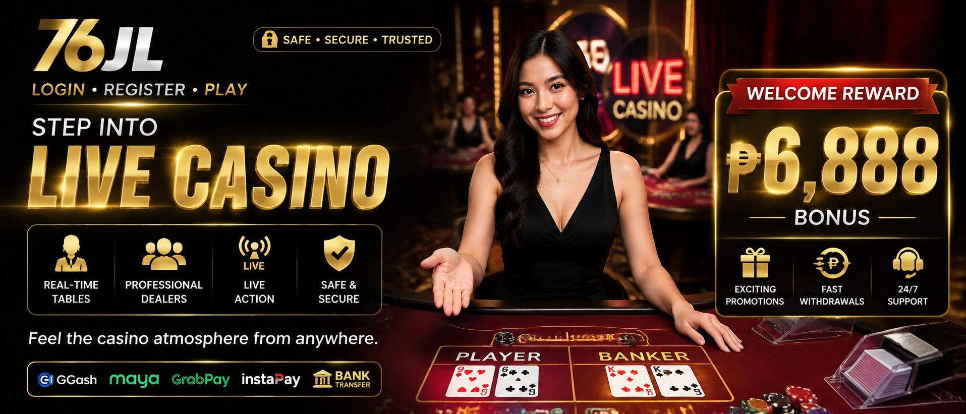 76JL Live Casino promotional visual for live dealer tables